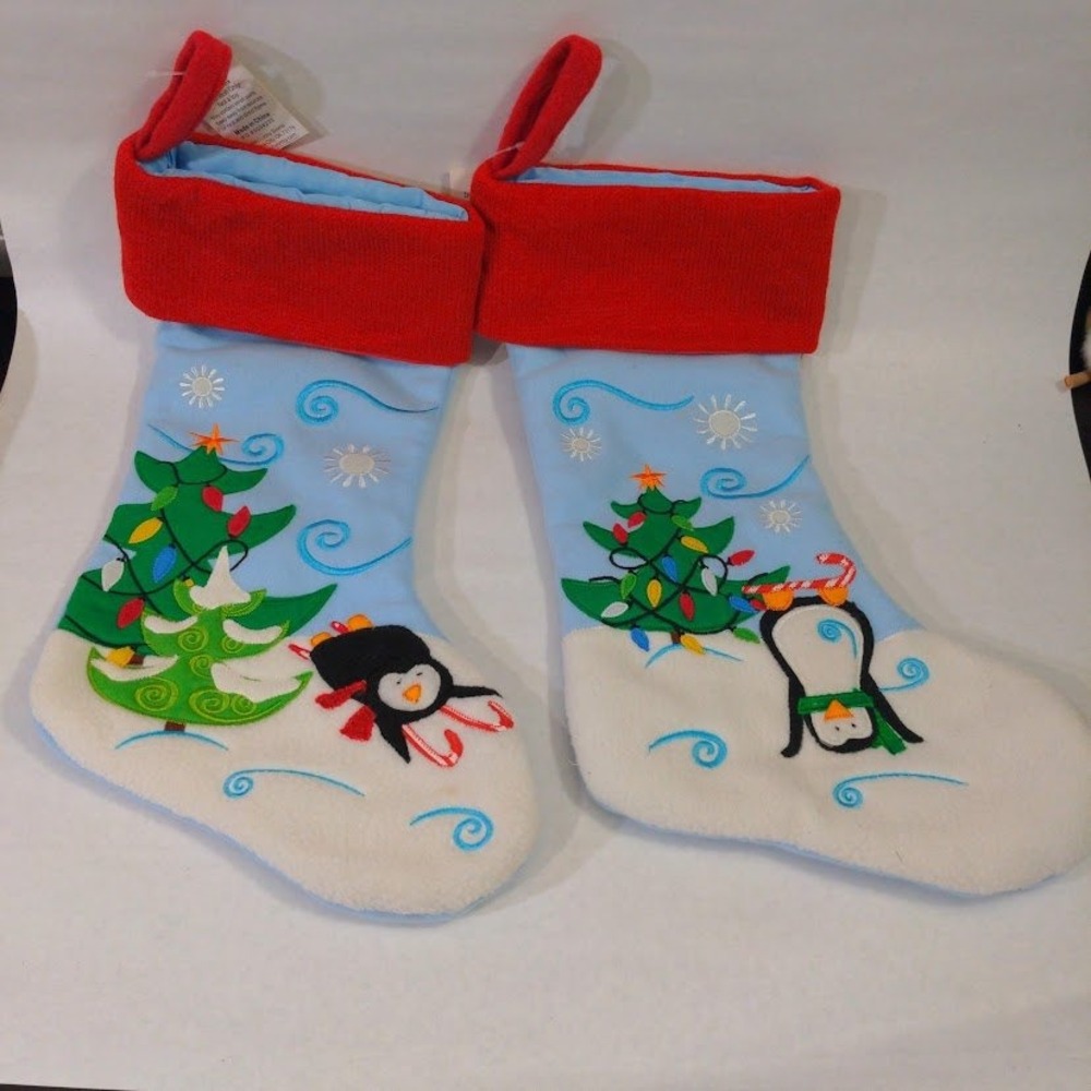 Hobby Lobby Set of 2 Penguin Christmas Stockings Blue Red Whimsical 2012 NWT